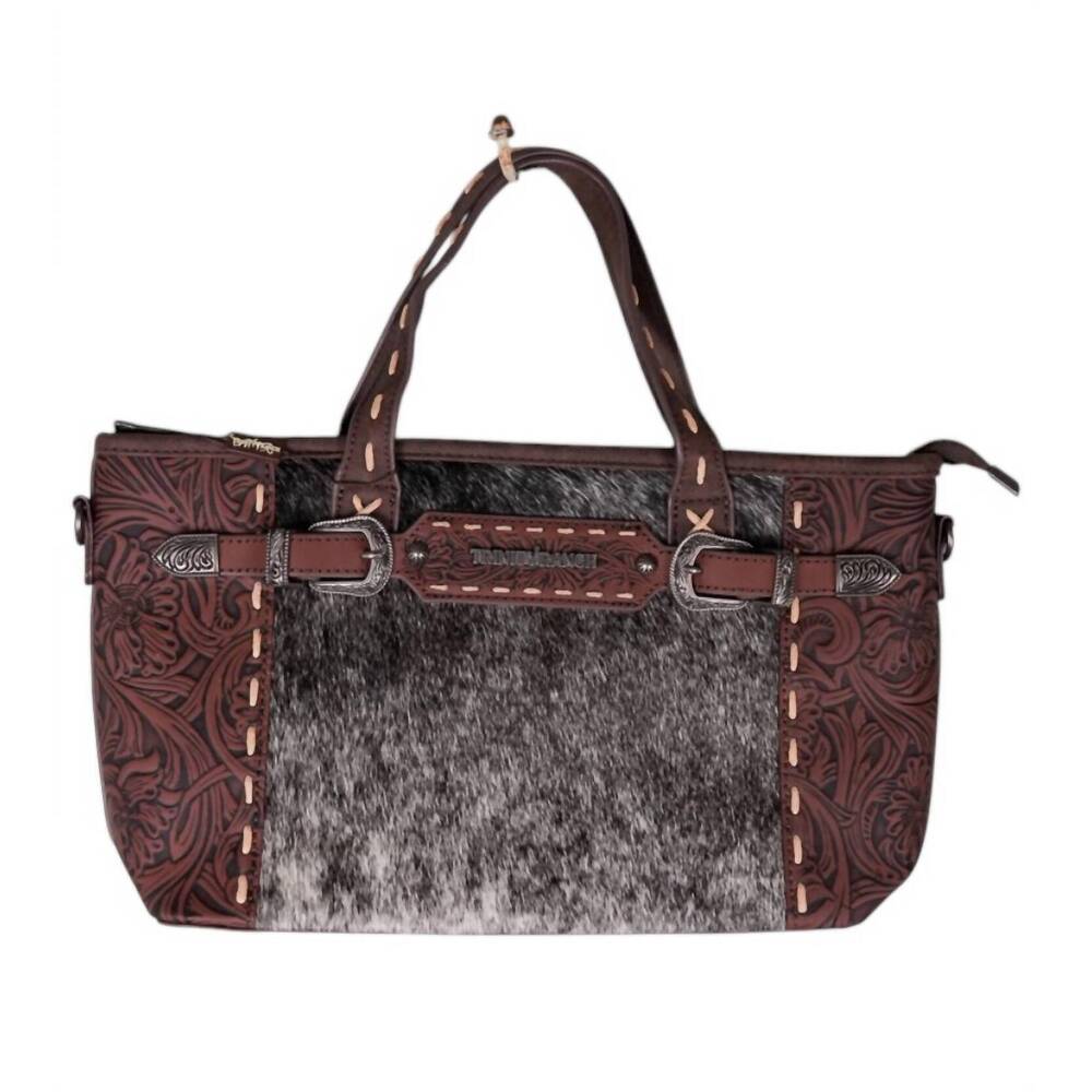 NEW TRINITY RANCH women's genuine hair on cowhide tooled tote crossbody bag in c
